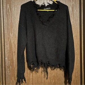 Derek Heart Distressed Black V-Neck Sweater